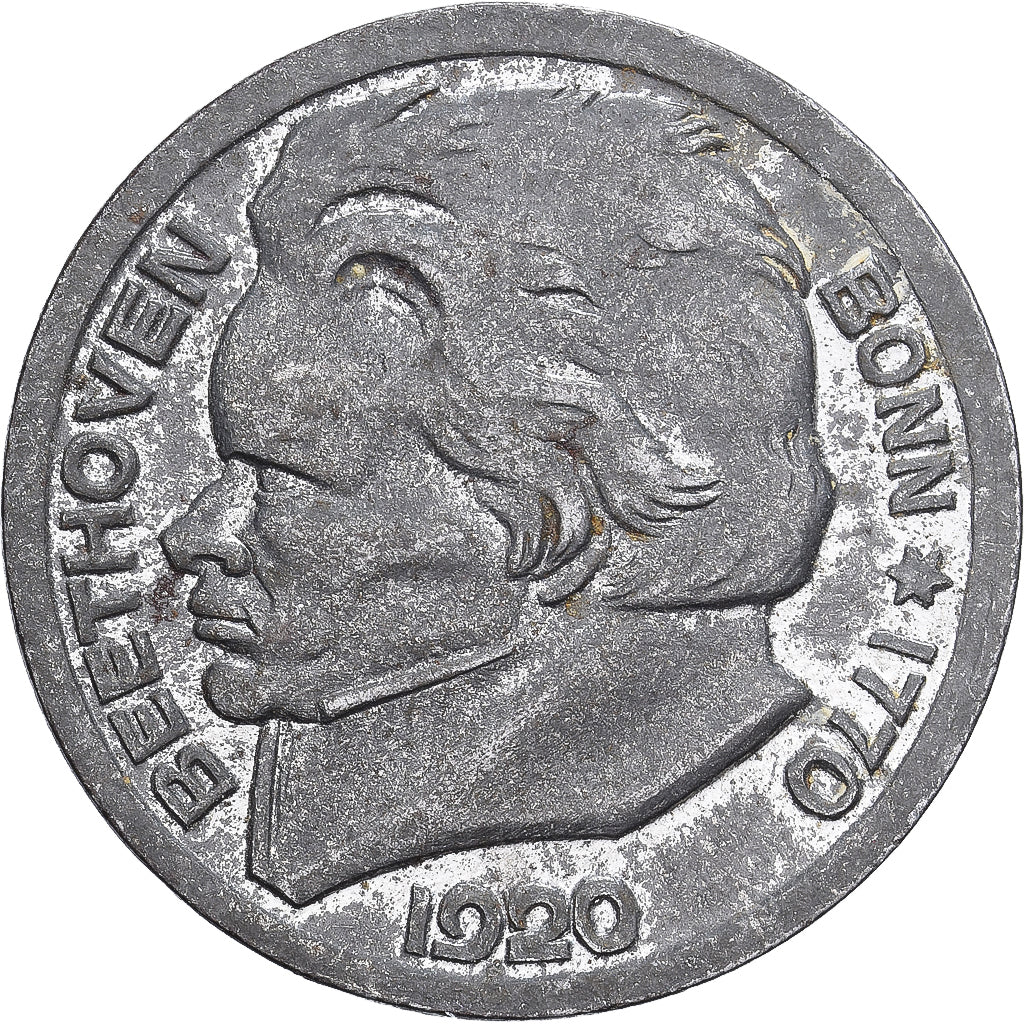 Allemagne, Stadt Bonn, 10 Pfennig, 1920, Beethoven, SUP, Fer galvanisé