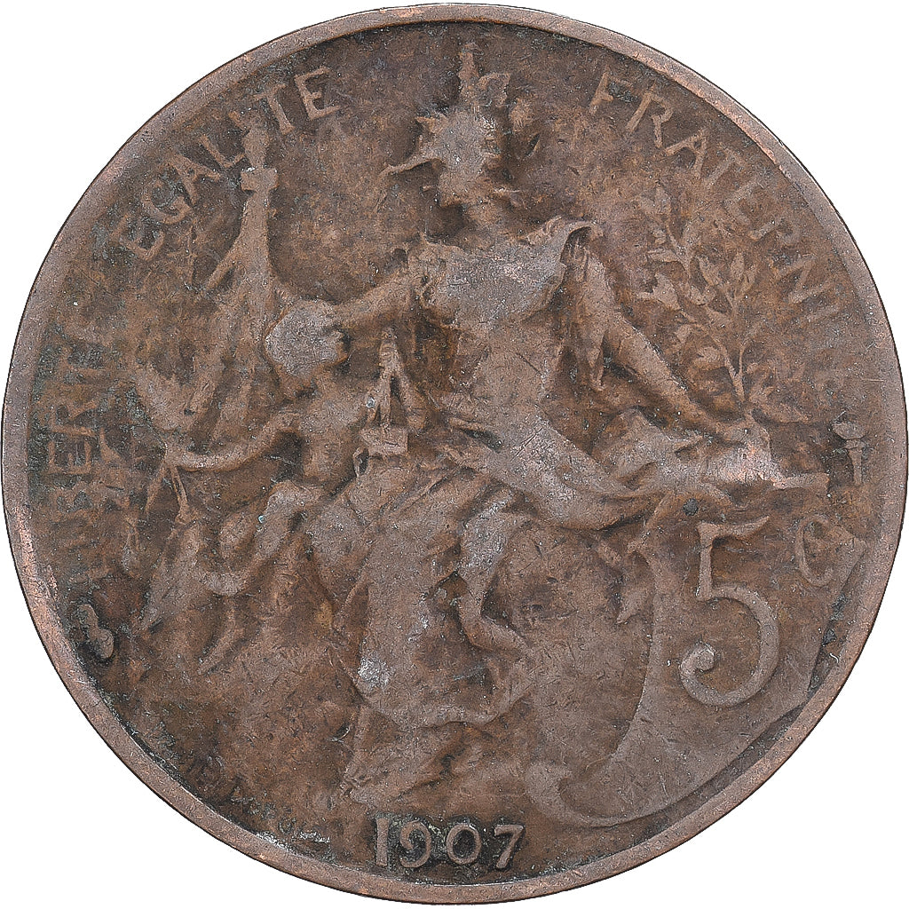 Francja, 5 Centimes, Daniel-Dupuis, 1907, Paris, Brązowy, VF(30-35)