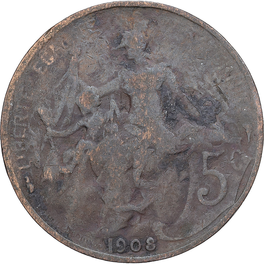 France, 5 Centimes, Daniel-Dupuis, 1908, Paris, Bronze, TB, Gadoury:165