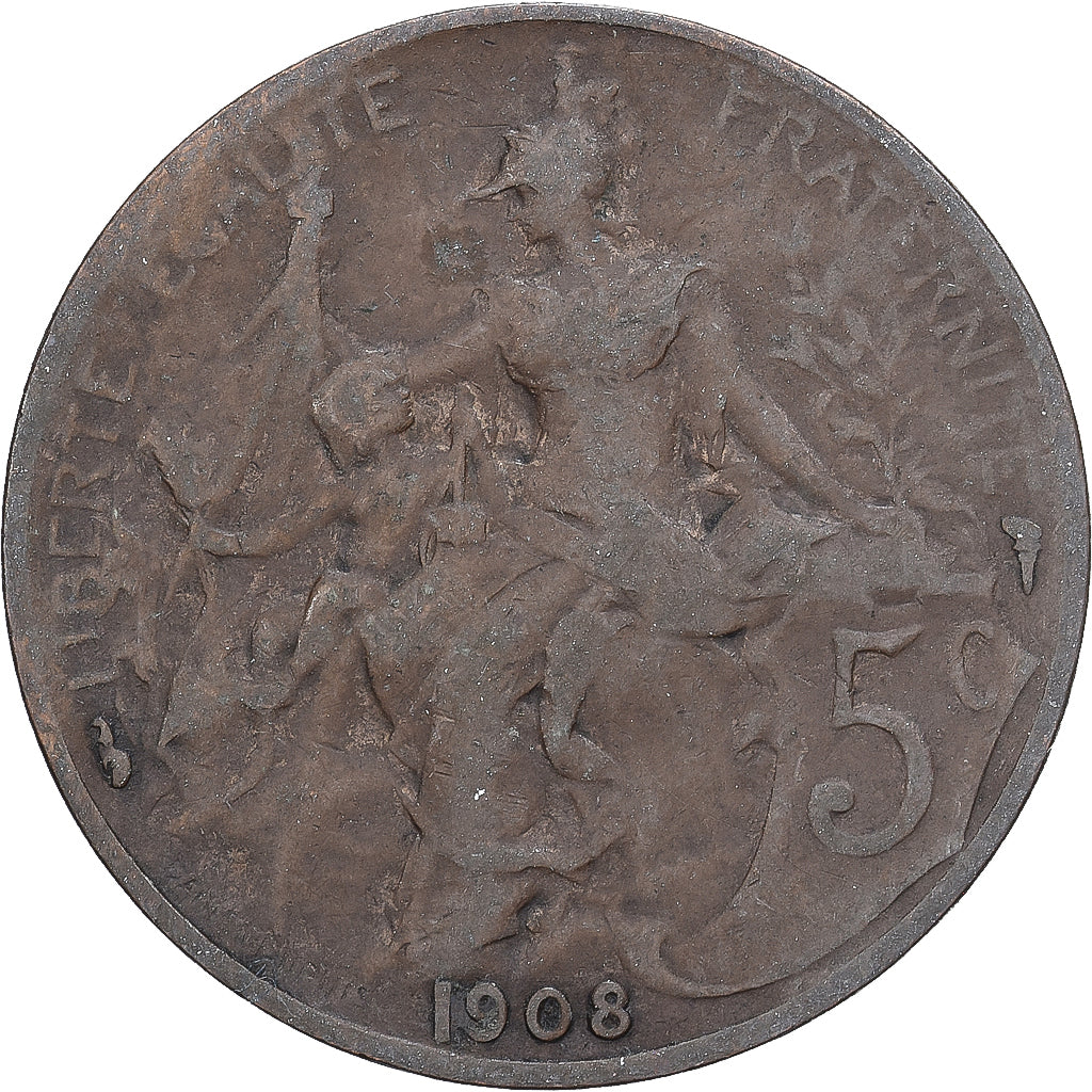 Francja, 5 Centimes, Daniel-Dupuis, 1908, Paris, Brązowy, VF(20-25)