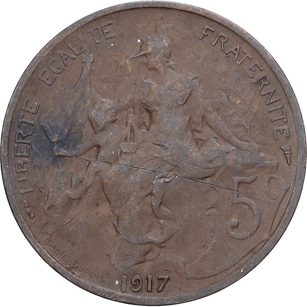 Francja, 5 Centimes, Daniel-Dupuis, 1917, Paris, Brązowy, EF(40-45)