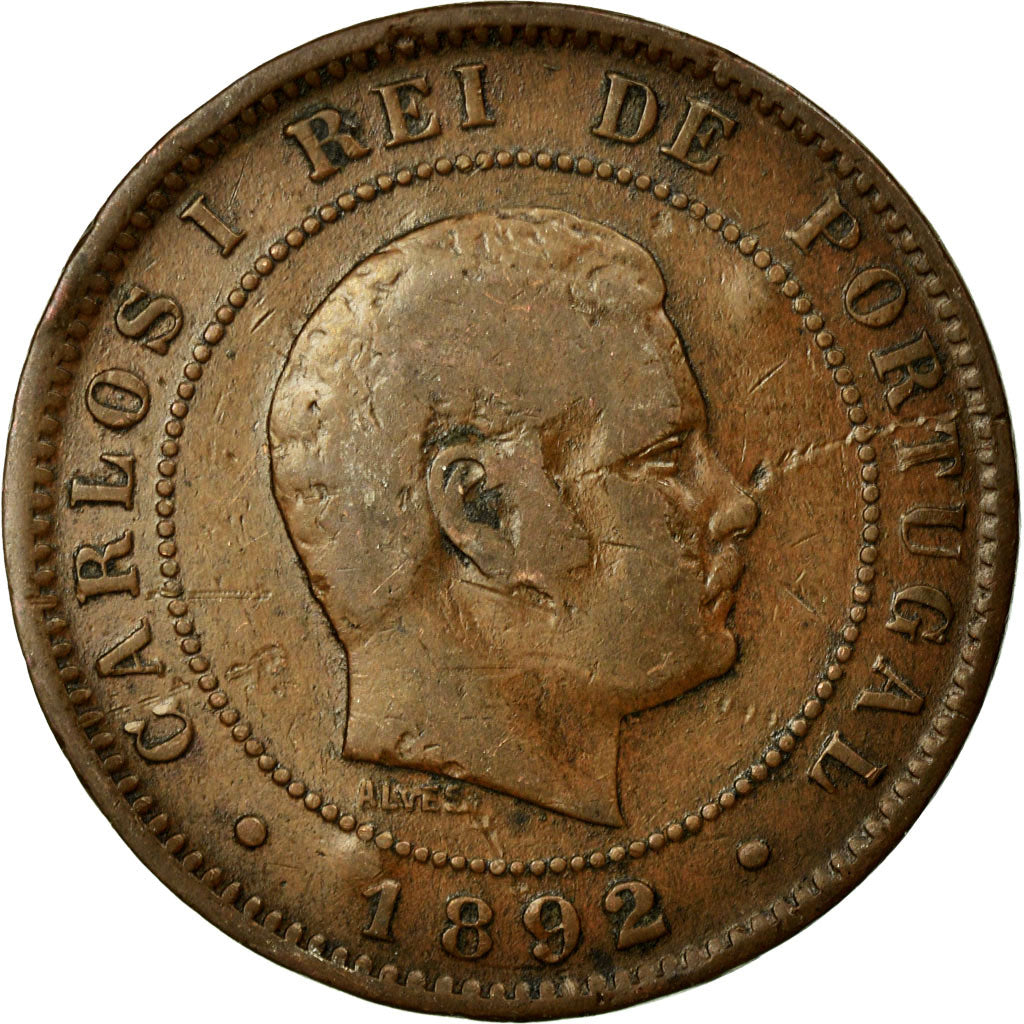 Moneta, Portogallo, Carlos I, 10 Reis, 1892, Portugal Mint, BB, Bronzo, KM:532