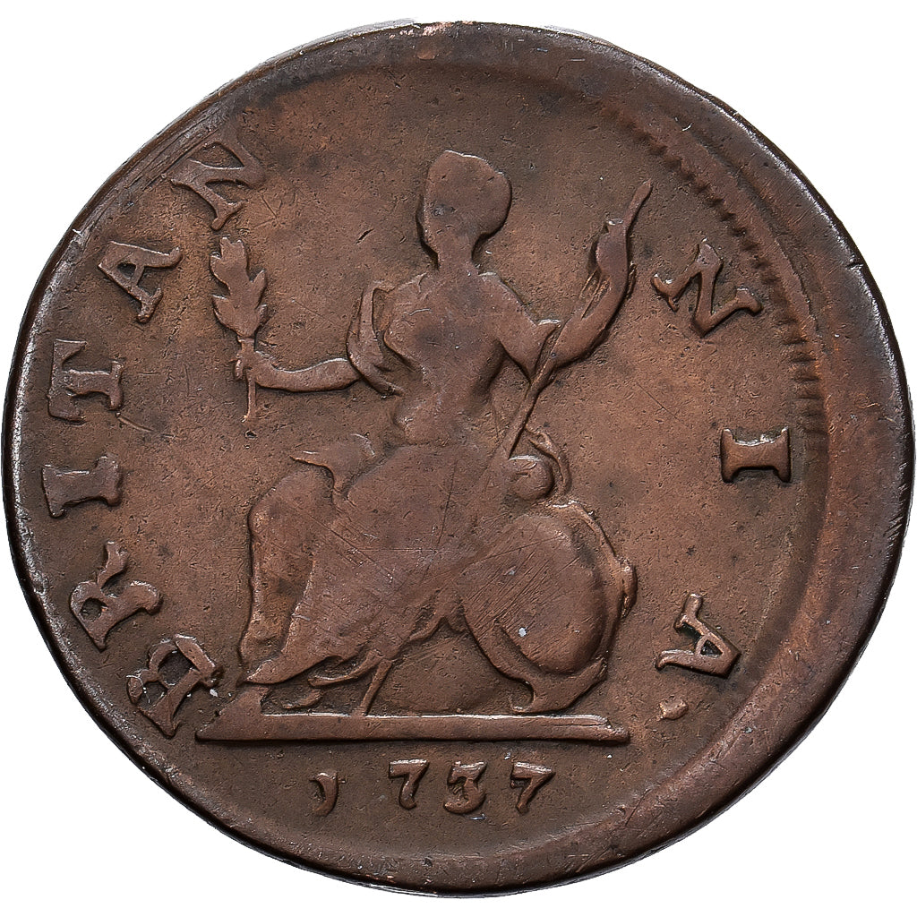 United Kingdom, George II, 1 Farthing, 1737, London, Off-centered, Kupfer, S