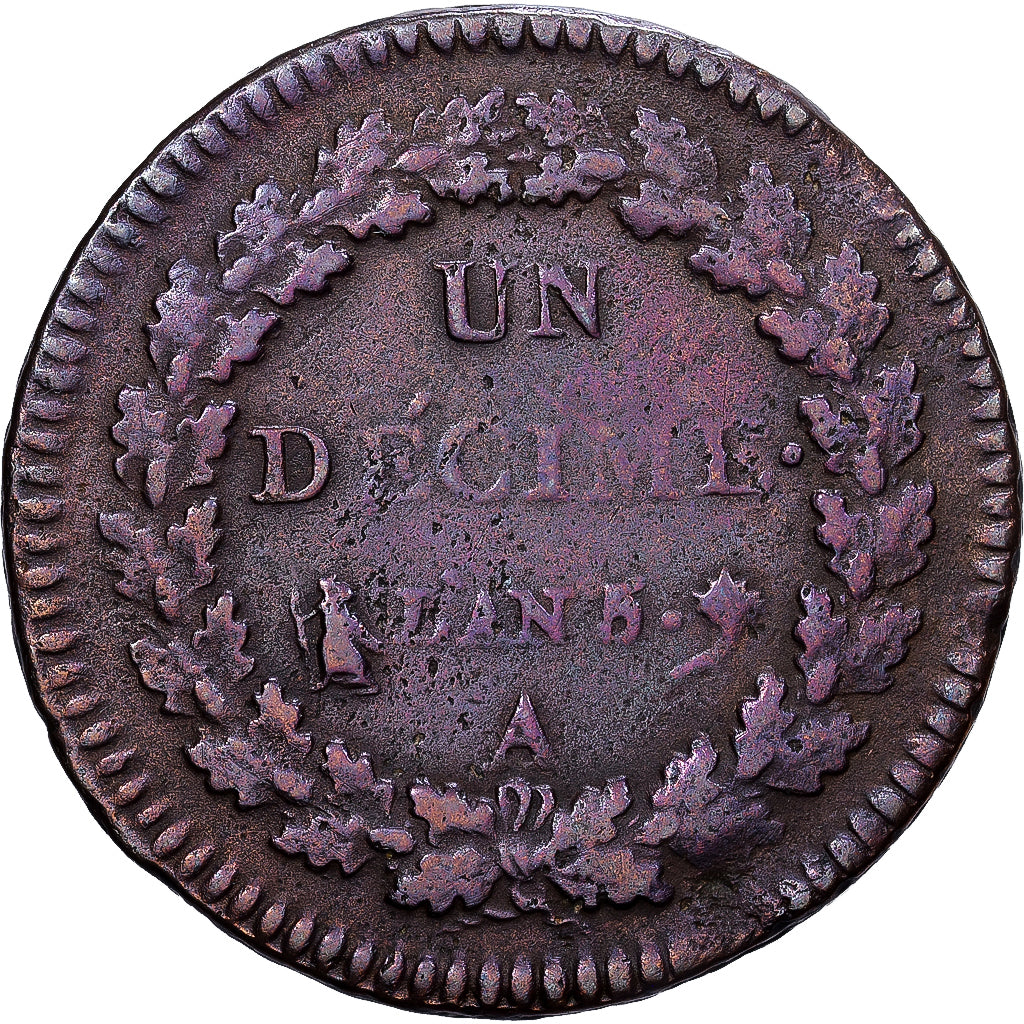Francia, 1 Décime, Dupré, AN 5, Paris, Bronzo, MB+, Gadoury:187