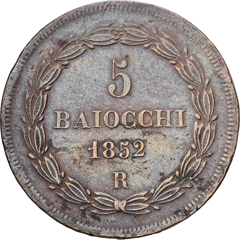 Papal States, Pius IX, 5 Baiocchi, 1852, Rome, Copper, AU(50-53), KM:1356