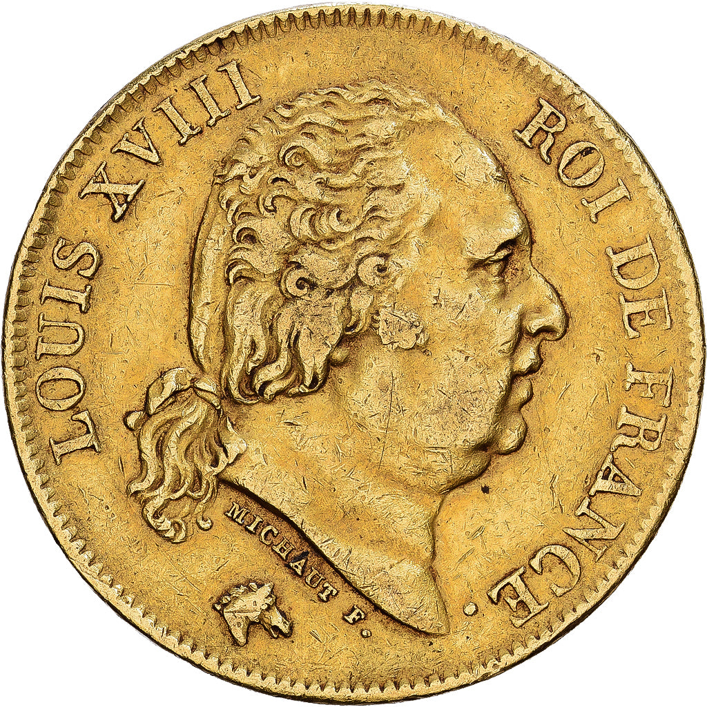 França, Louis XVIII, 40 Francs, 1816, Perpignan, Dourado, EF(40-45)