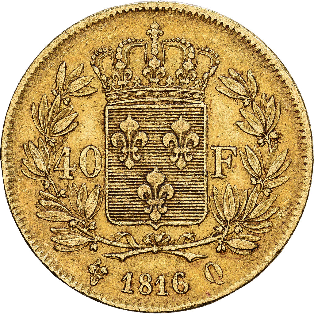 França, Louis XVIII, 40 Francs, 1816, Perpignan, Dourado, EF(40-45)