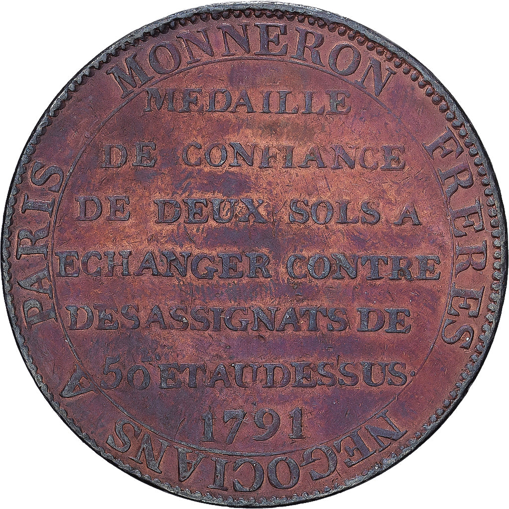 France, 2 Sols, Monneron à la Liberté, 1791, Soho Mint, Bronze, EF(40-45)