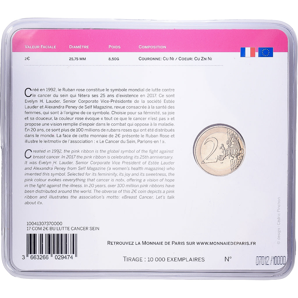 France, 2 Euro, Ruban Rose, BU, colorisée, 2017, MDP, Bimétallique, FDC