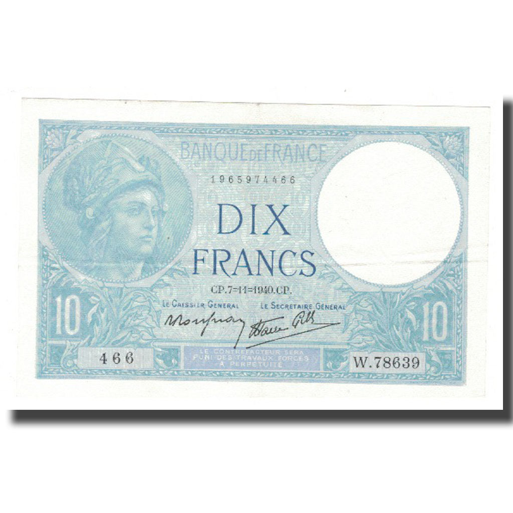 France, 10 Francs, Minerve, 1940, 1940-11-07, SUP, Fayette:7.19, KM:84