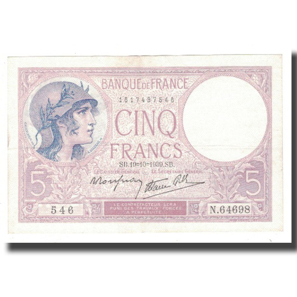 France, 5 Francs, Violet, 1939, 1939-10-19, UNC(60-62), Fayette:4.12, KM:83