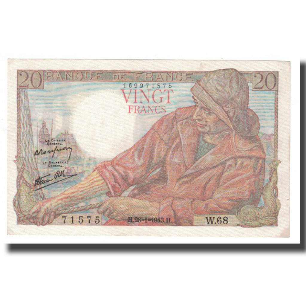 France, 20 Francs, Pêcheur, 1943, 1943-01-28, EF(40-45), Fayette:13.5, KM:100a