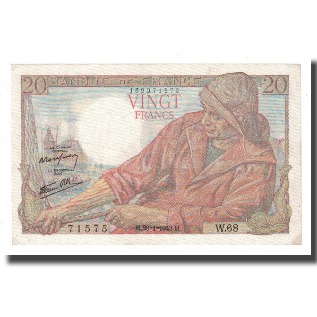 France, 20 Francs, Pêcheur, 1943, 1943-01-28, EF(40-45), Fayette:13.5, KM:100a