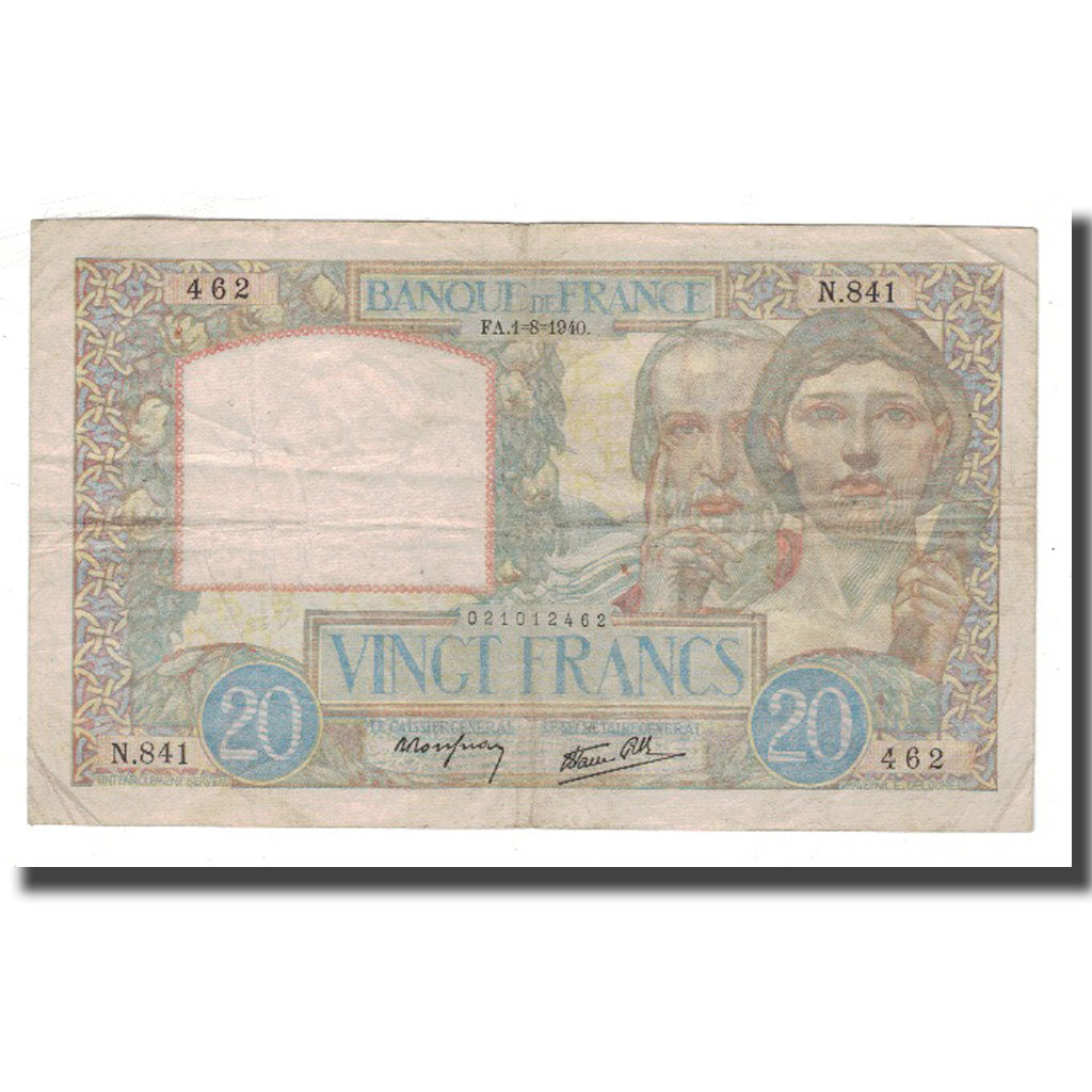 France, 20 Francs, Science et Travail, 1940, 1940-08-01, VF(20-25)
