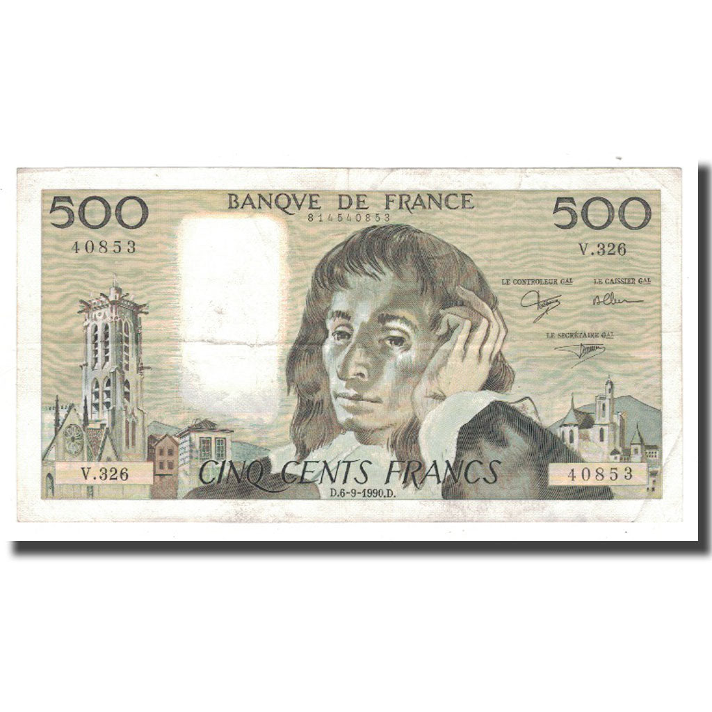 Francja, 500 Francs, Pascal, 1990, 1990-09-06, EF(40-45), Fayette:71.45, KM:156h