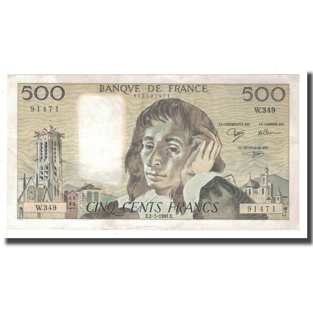 France, 500 Francs, Pascal, 1991, 1991-05-02, AU(50-53), Fayette:71.47, KM:156h