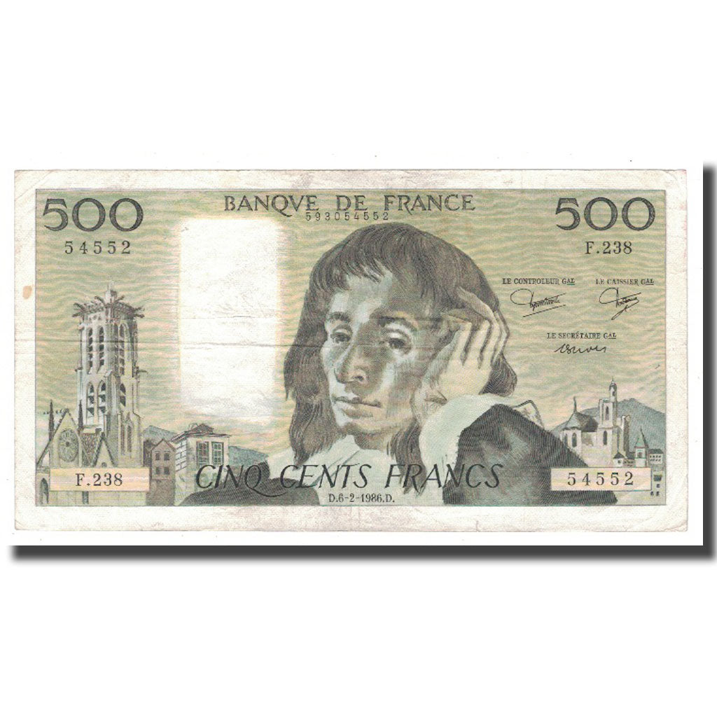 França, 500 Francs, Pascal, 1986, 1986-02-06, EF(40-45), Fayette:71.34, KM:156e