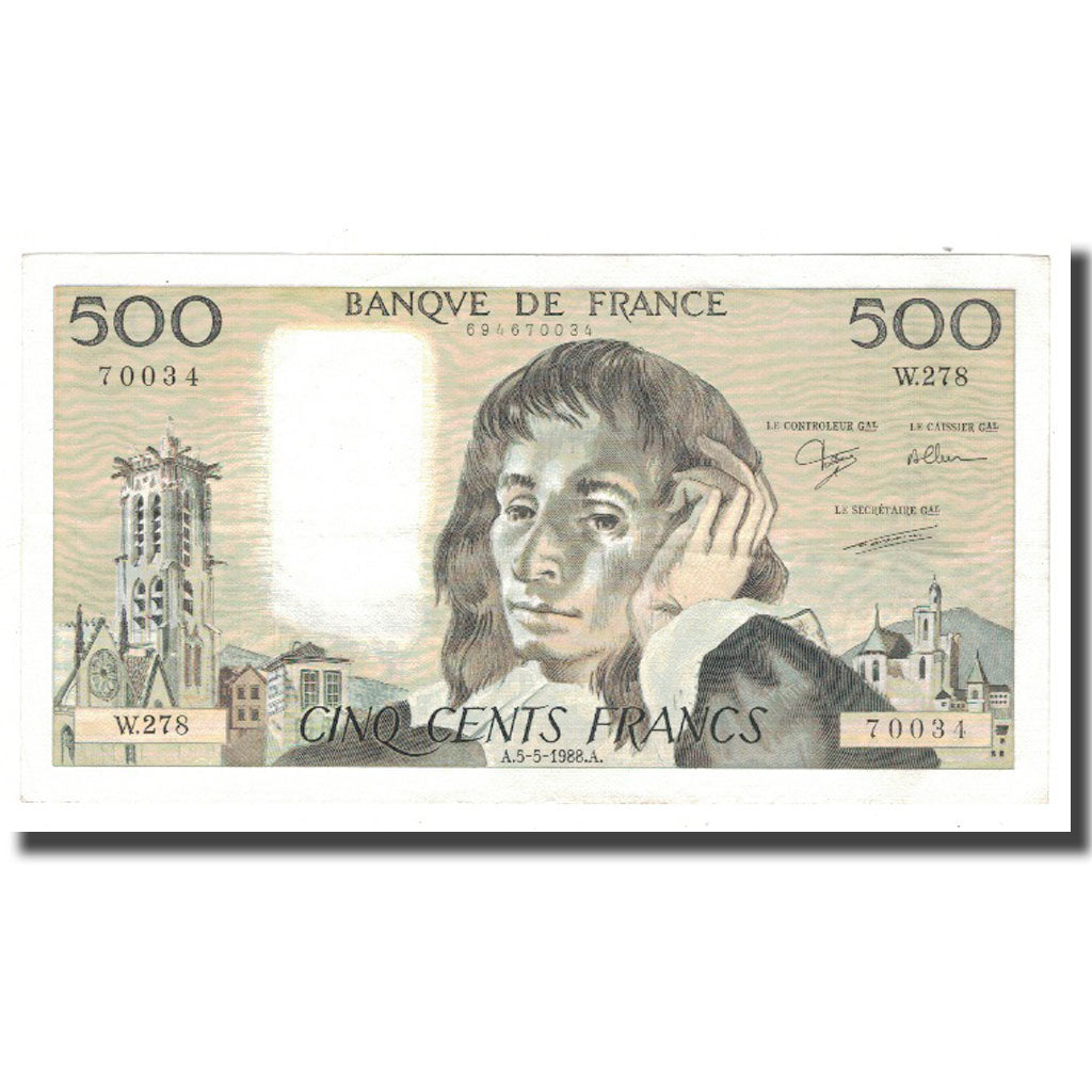Frankreich, 500 Francs, Pascal, 1988, 1988-05-05, SS+, Fayette:71.39, KM:156g