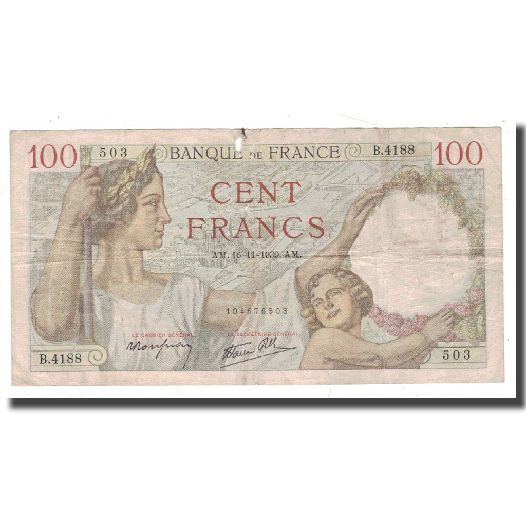 France, 100 Francs, 1939, 1939-11-16, VG(8-10), Fayette:26.15, KM:94