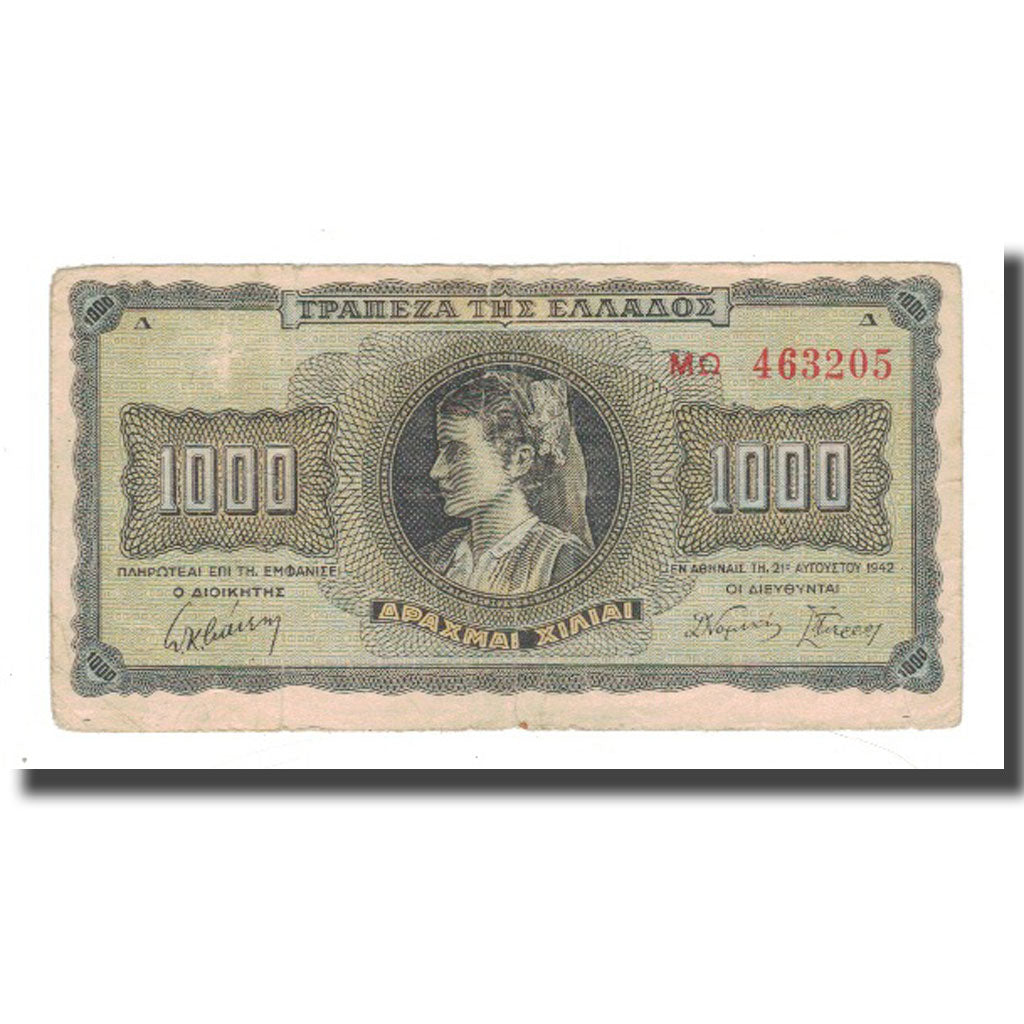 Banknote, Greece, 1000 Drachmai, 1942, 1942-08-21, KM:118a, VG(8-10)
