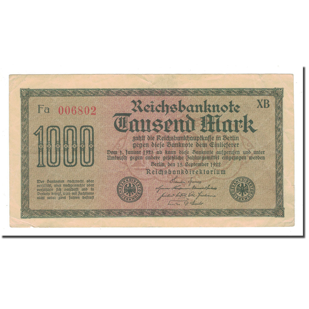 Geldschein, Deutschland, 1000 Mark, 1922, 1922-09-15, KM:76b, S