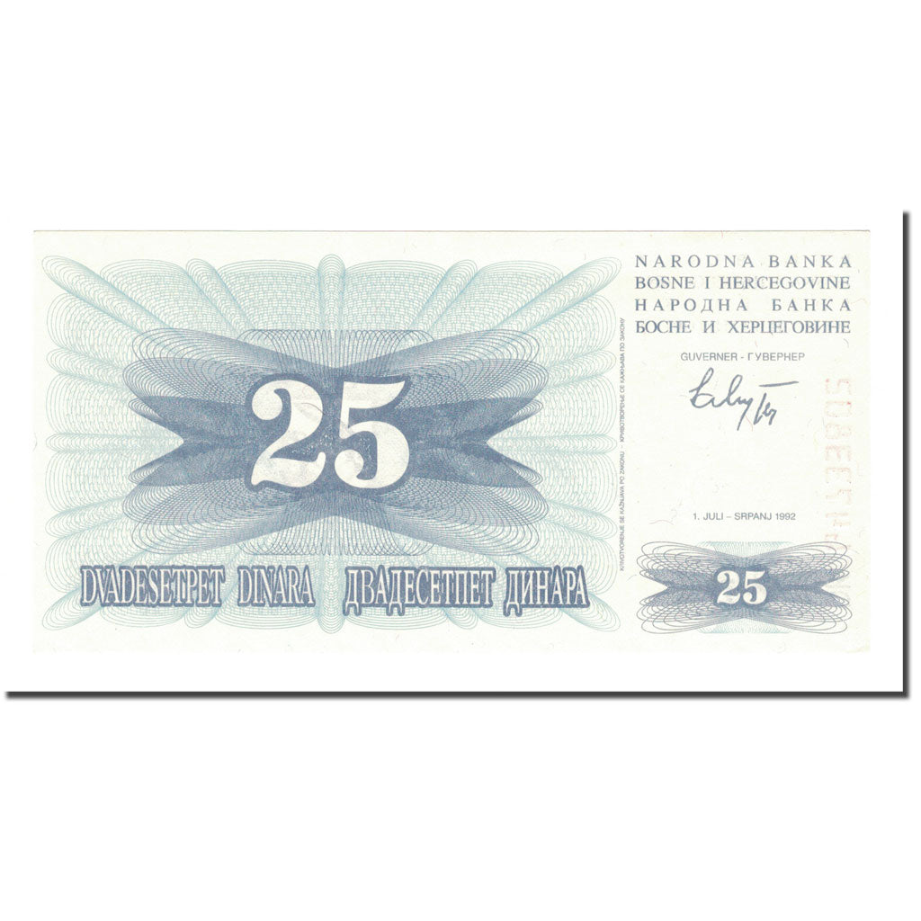 Biljet, Bosnië - Herzegovina, 25 Dinara, 1992, 1992-07-01, KM:11a, NIEUW