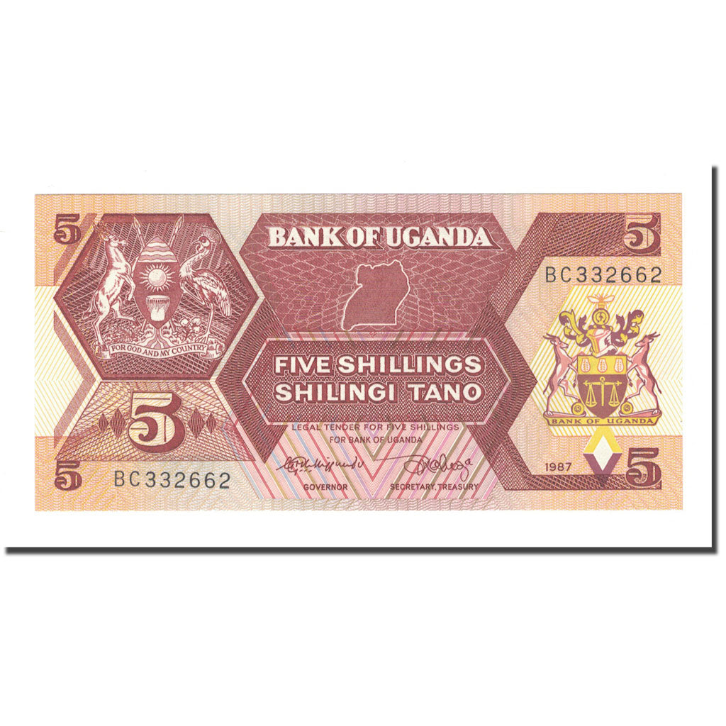 Nota, Uganda, 5 Shillings, 1987, KM:27, UNC(65-70)
