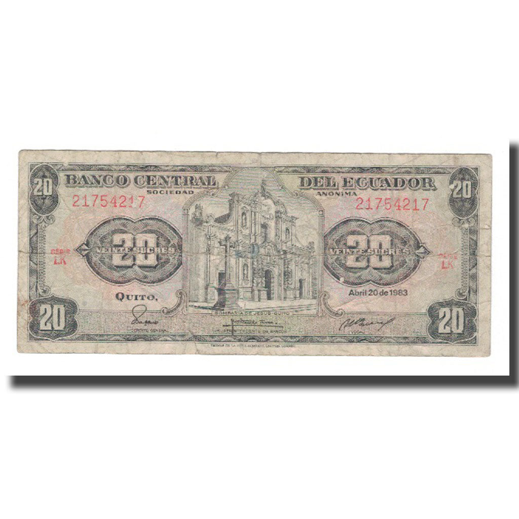 Billet, Équateur, 20 Sucres, 1983, 1983-04-20, KM:115b, B+