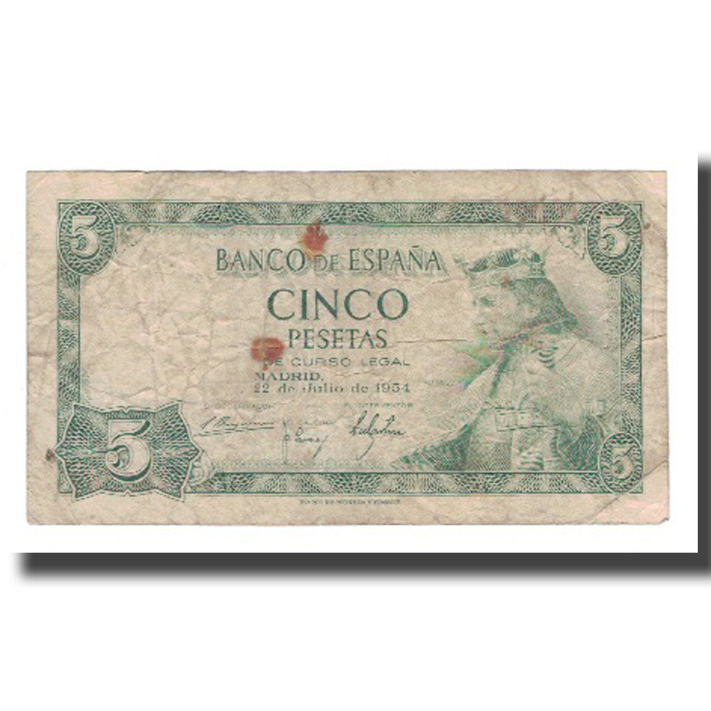 Biljet, Spanje, 5 Pesetas, 1954, 1954-07-22, KM:146a, TB