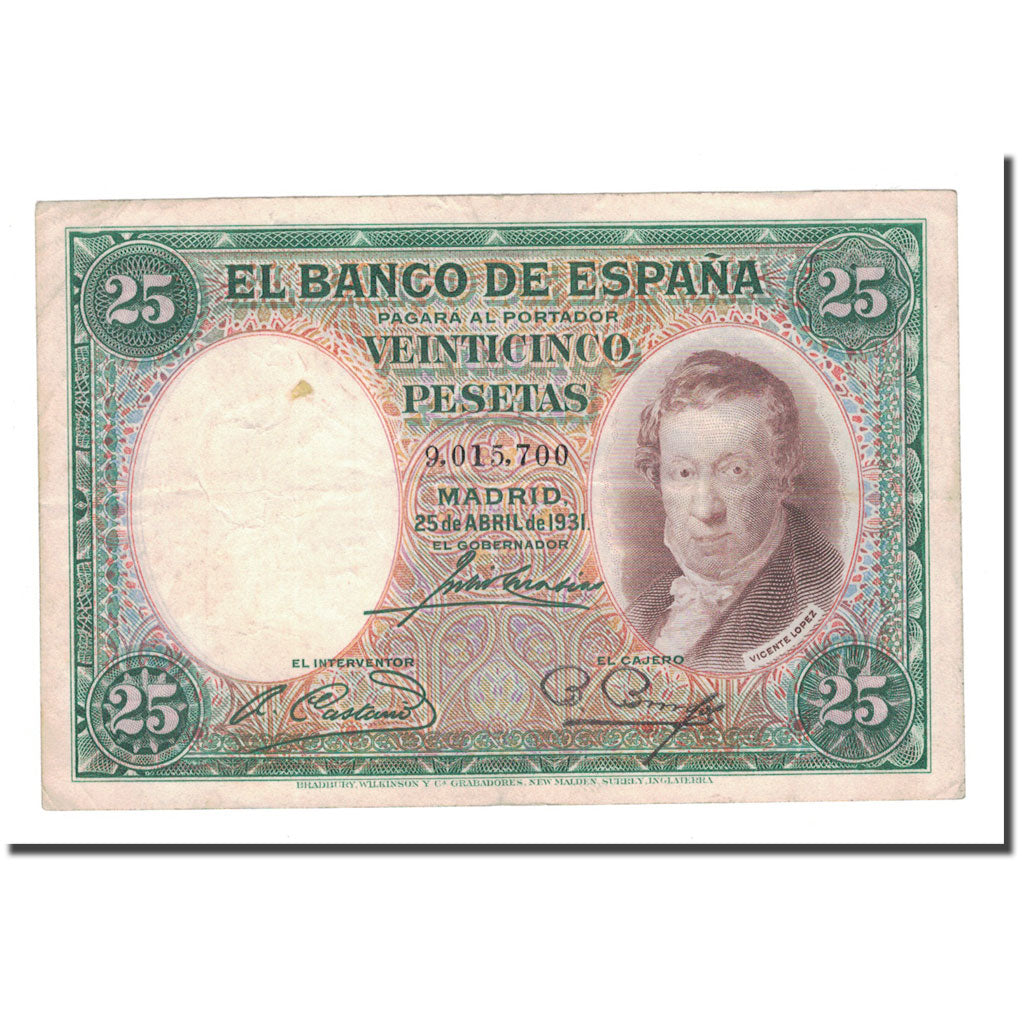Banknot, Hiszpania, 25 Pesetas, 1931, 1931-04-25, KM:81, EF(40-45)