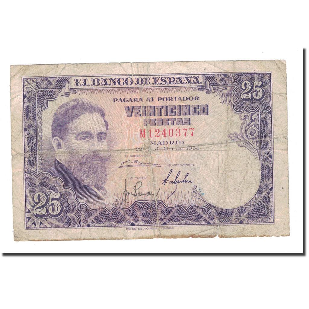Banconote, Spagna, 25 Pesetas, 1954, 1954-07-22, KM:147a, MB