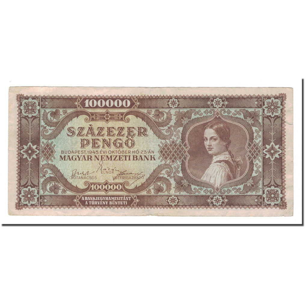 Banknote, Hungary, 100,000 Pengö, 1945, 1945-10-23, KM:121a, VF(30-35)