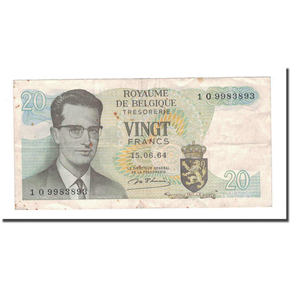 Billete, 20 Francs, 1964, Bélgica, 1964-06-15, KM:138, BC+