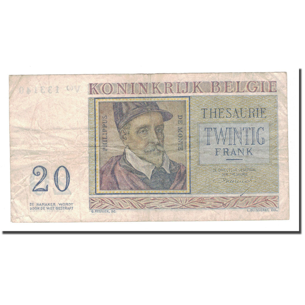 Banknot, Belgia, 20 Francs, 1956, 1956-04-03, KM:132b, VF(20-25)