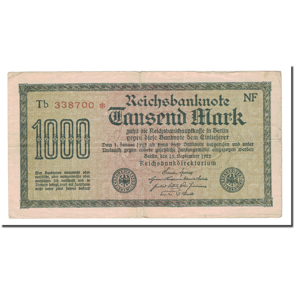 Nota, Alemanha, 1000 Mark, 1922, 1922-09-15, KM:76c, VF(30-35)