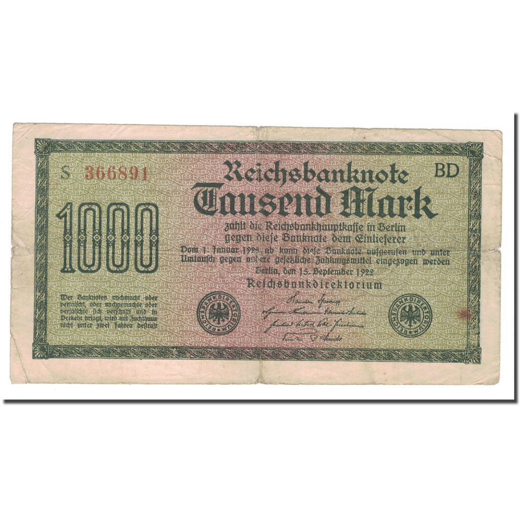 Banknote, Germany, 1000 Mark, 1922, 1922-09-15, KM:76c, VF(20-25)