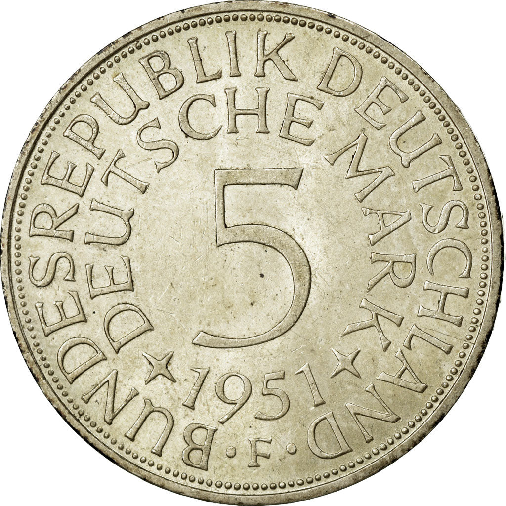 Moneda, ALEMANIA - REPÚBLICA FEDERAL, 5 Mark, 1951, Stuttgart, EBC, Plata