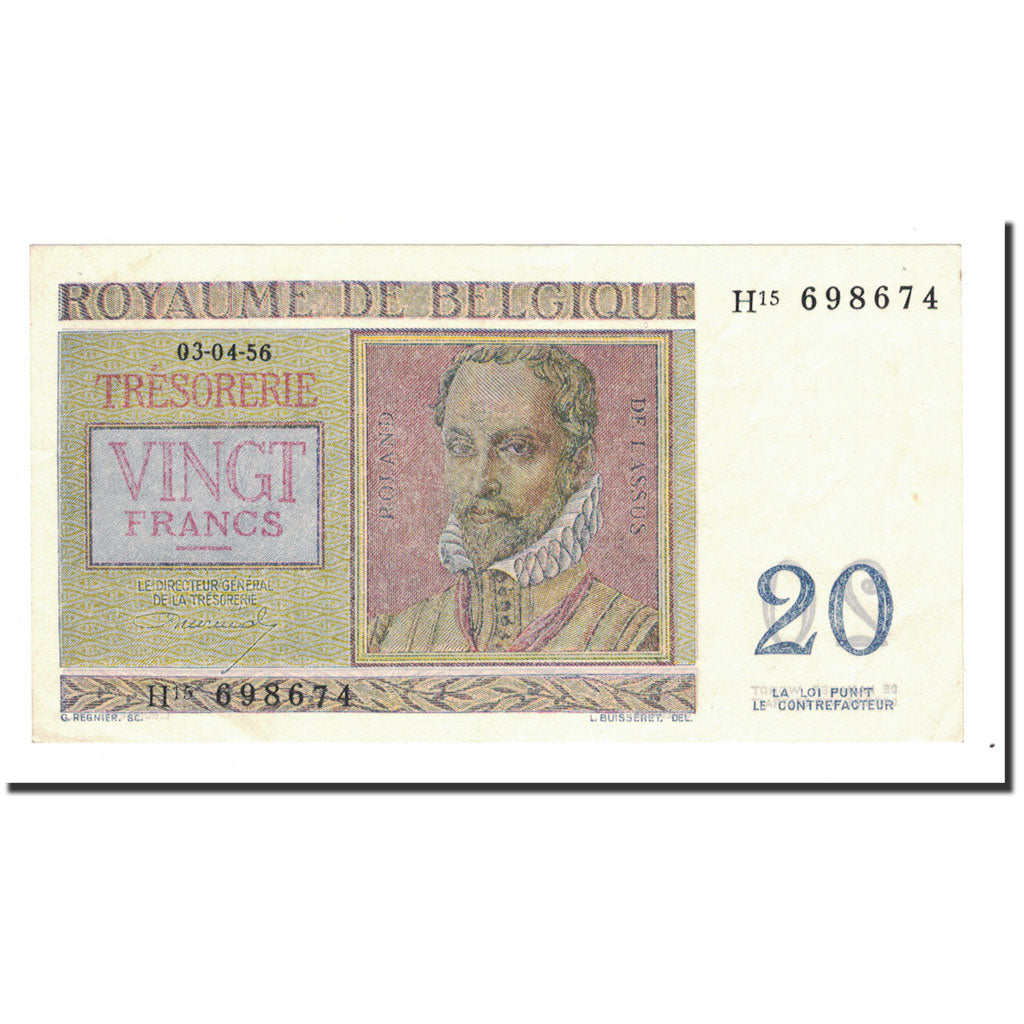 Billete, 20 Francs, 1956, Bélgica, 1956-04-03, KM:132b, MBC+