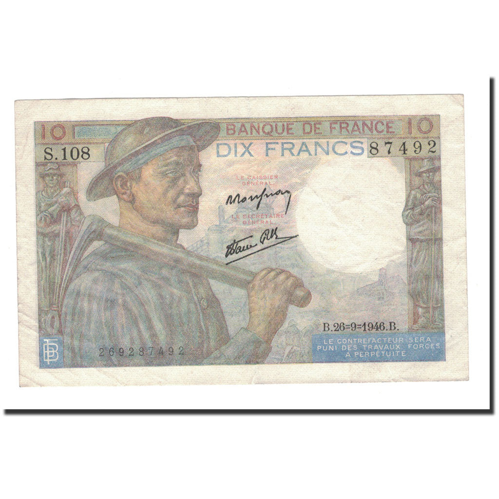 França, 10 Francs, Mineur, 1946, 1946-09-26, AU(50-53), Fayette:8.15, KM:99e