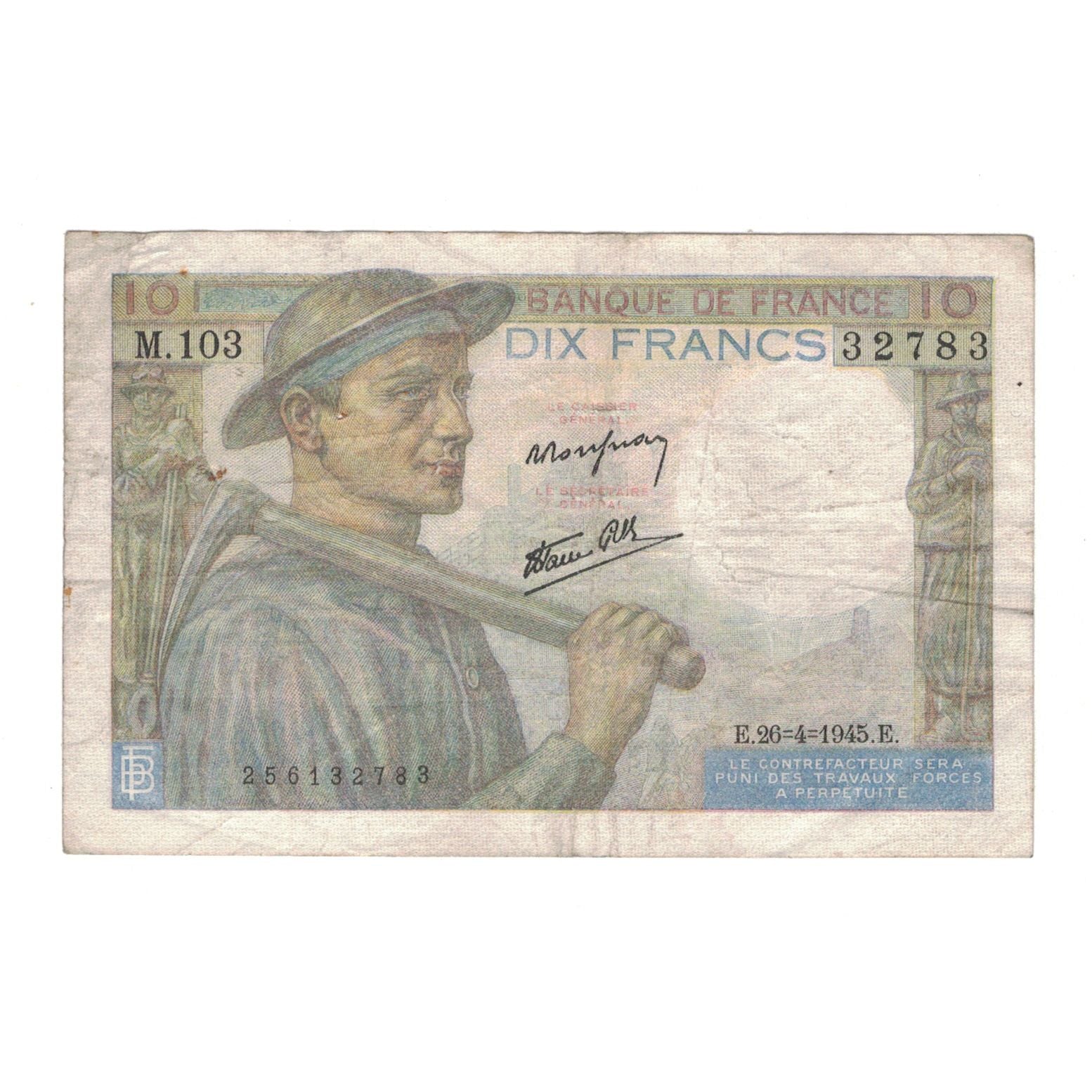 Francia, 10 Francs, Mineur, 1945, 1945-04-26, BC+, Fayette:8.14, KM:99e