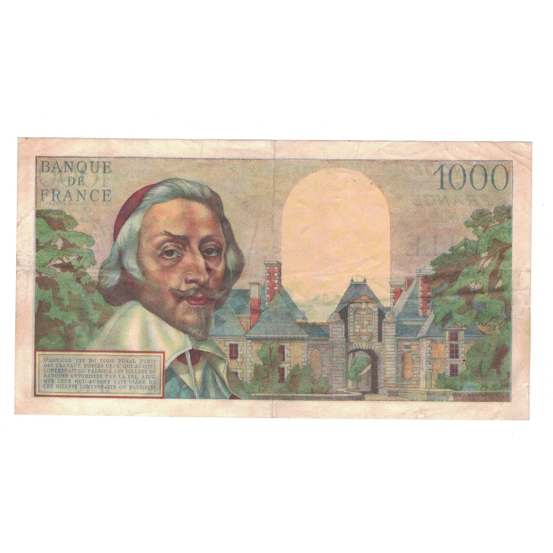 France, 1000 Francs, Richelieu, 1954, 1954-10-07, EF(40-45), Fayette:42.8
