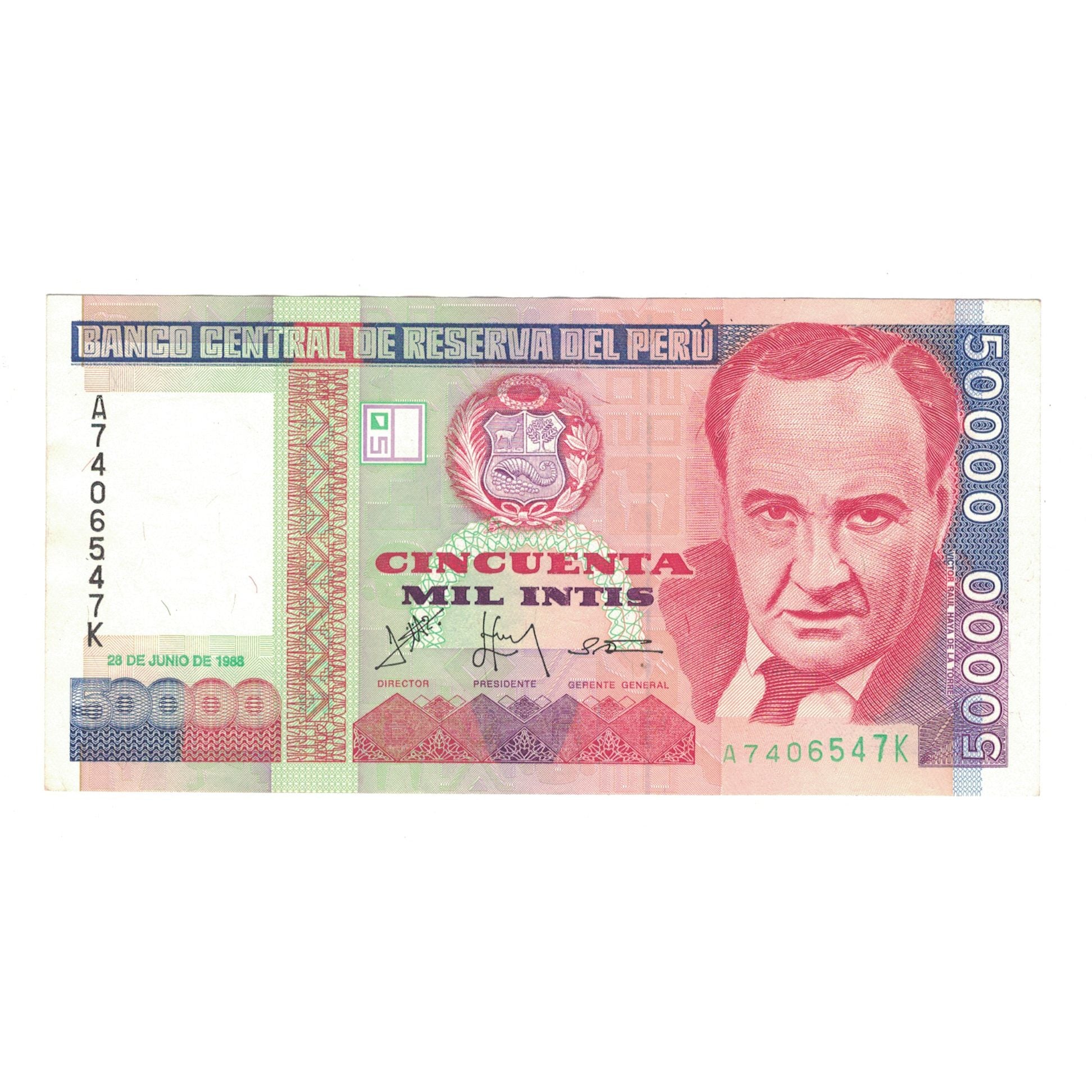 Banknote, Peru, 50,000 Intis, 1988, 1988-06-28, KM:143, AU(50-53)