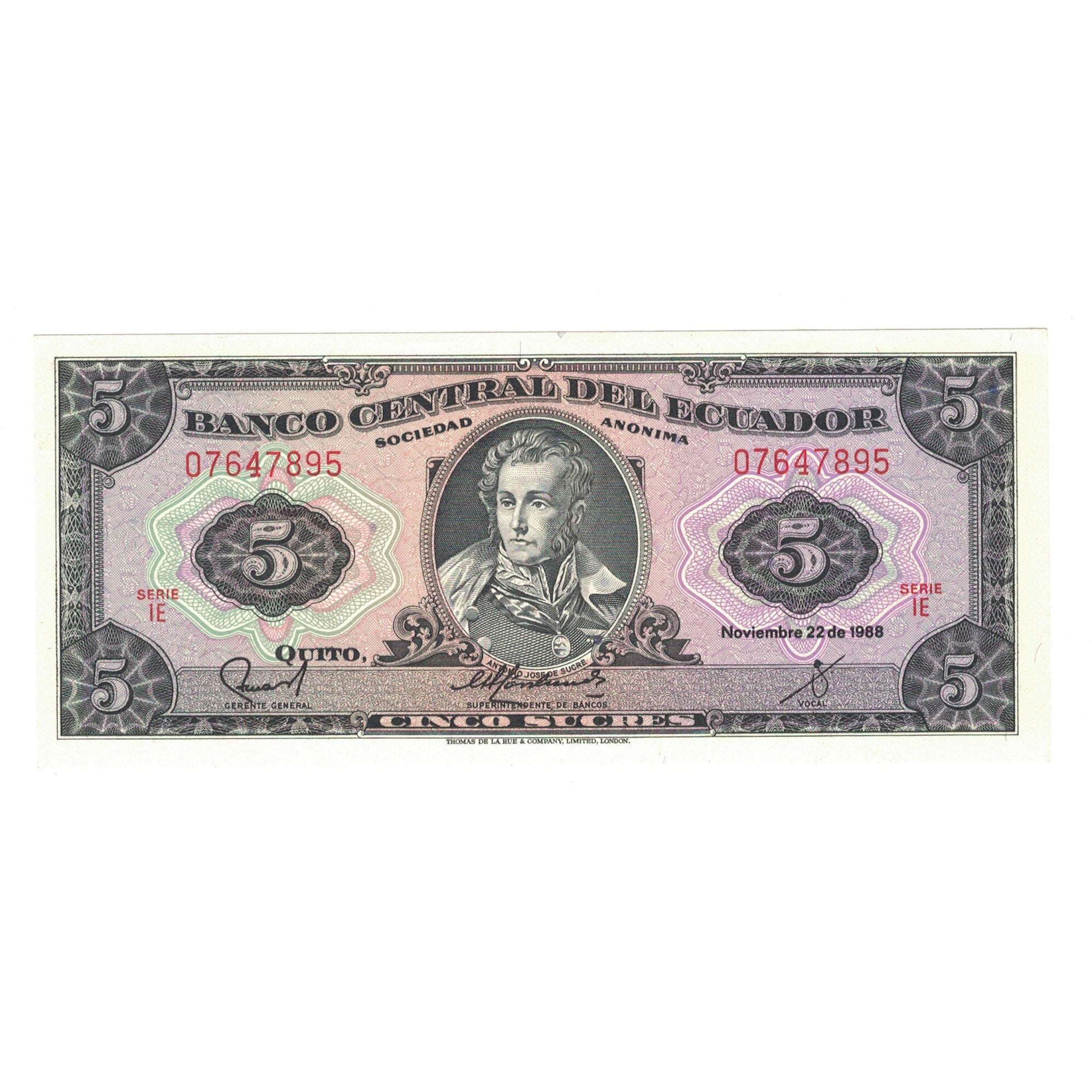 Banknot, Ekwador, 5 Sucres, 1988, 1988-11-22, KM:120A, UNC(65-70)