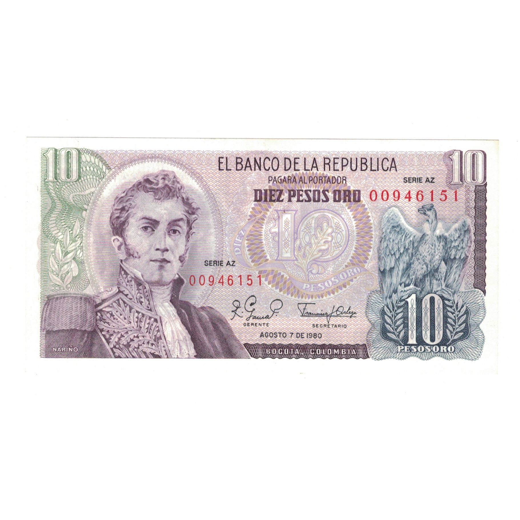Banconote, Colombia, 10 Pesos Oro, 1980, 1980-08-07, KM:407h, FDS