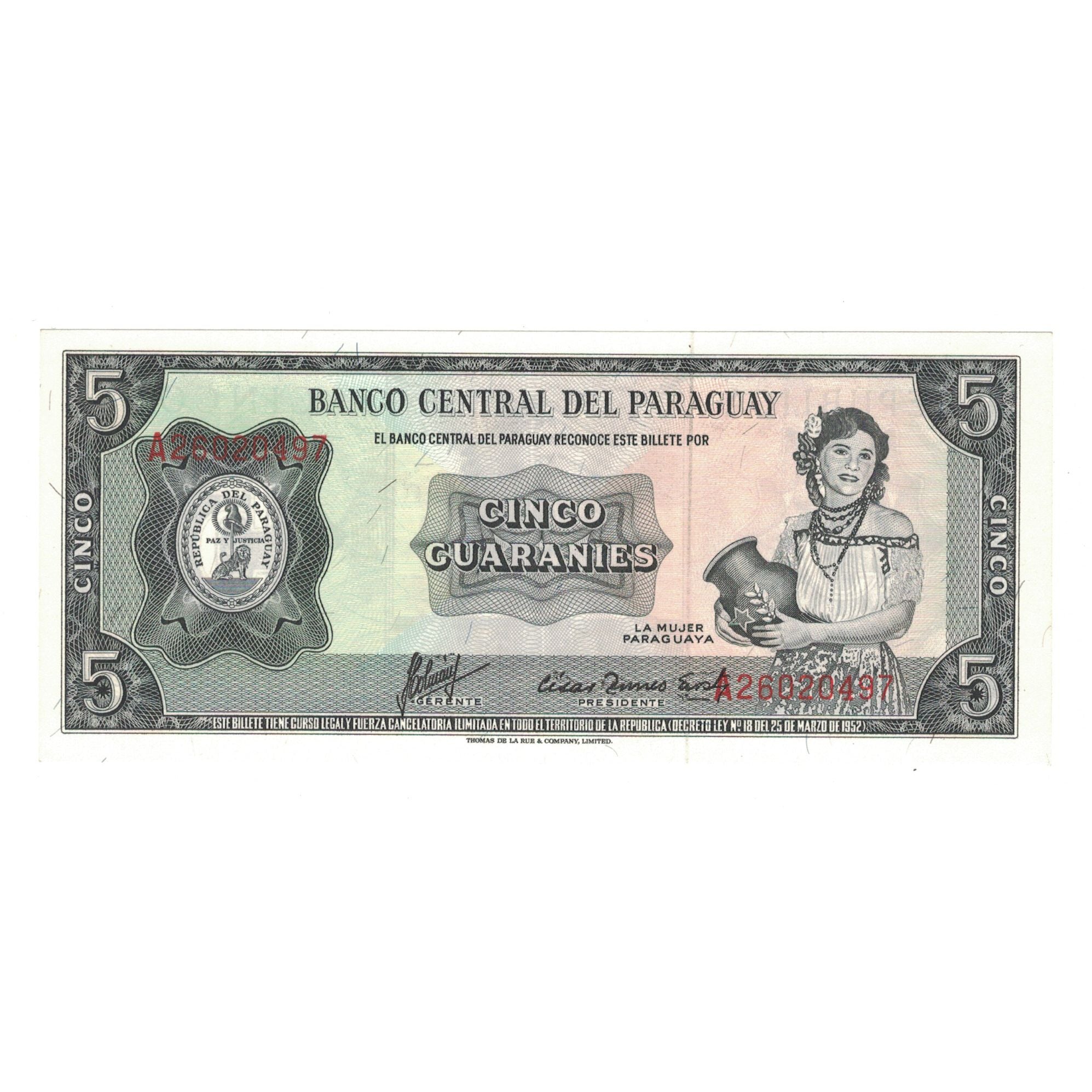 Billet, Paraguay, 5 Guaranies, 1952, 1952-03-25, KM:195b, NEUF
