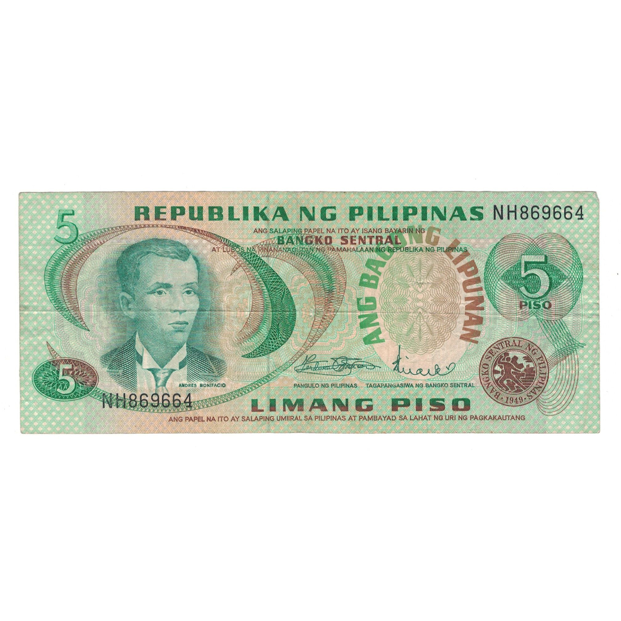 Nota, Filipinas, 5 Piso, undated (1969), KM:143b, VF(30-35)