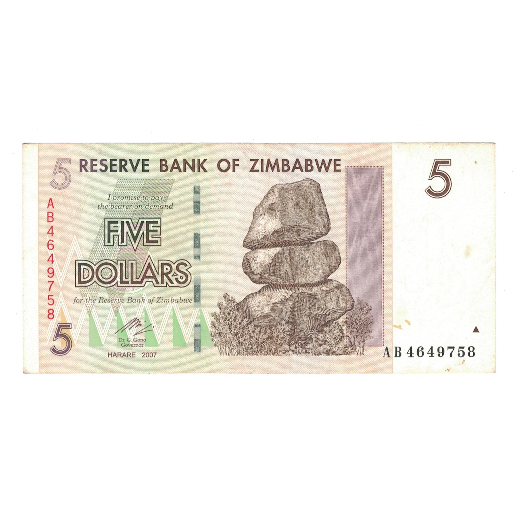Biljet, Zimbabwe, 5 Dollars, 2007, KM:66, TTB
