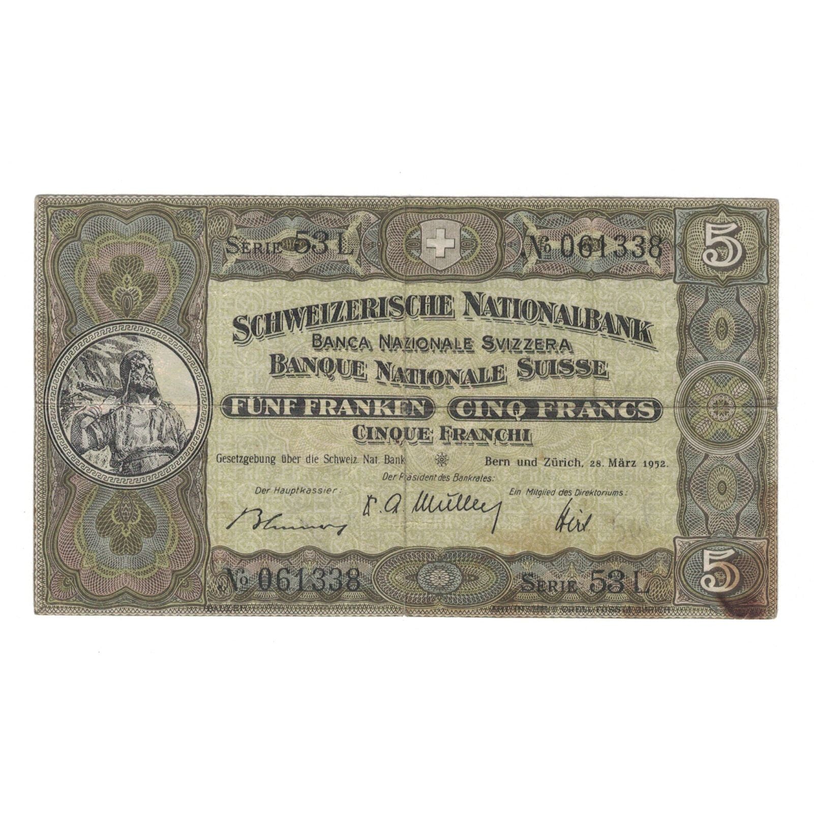Banconote, Svizzera, 5 Franken, 1952, 1952-03-28, KM:11p, BB