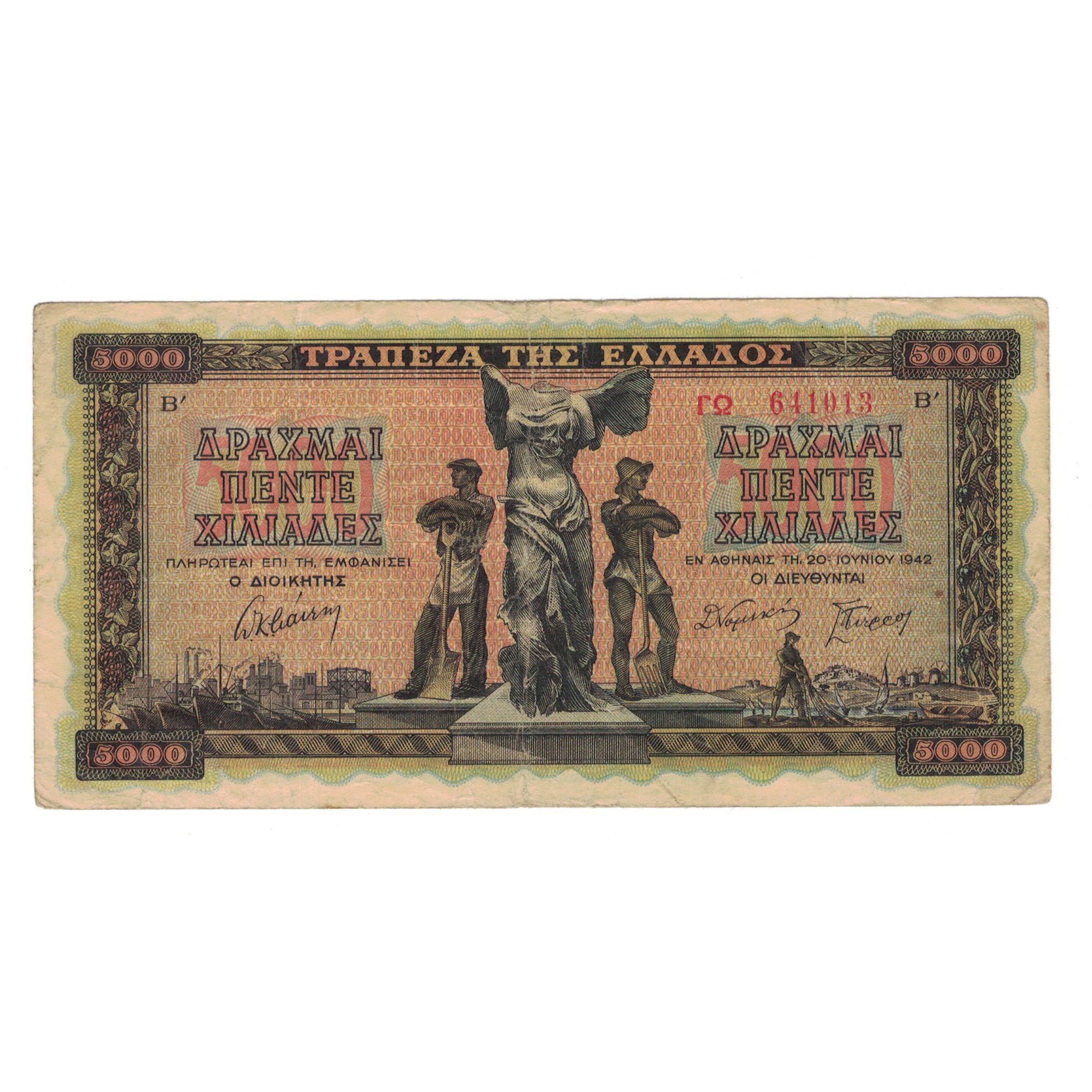 Banknote, Greece, 5000 Drachmai, 1942, 1942-06-20, KM:119a, VG(8-10)