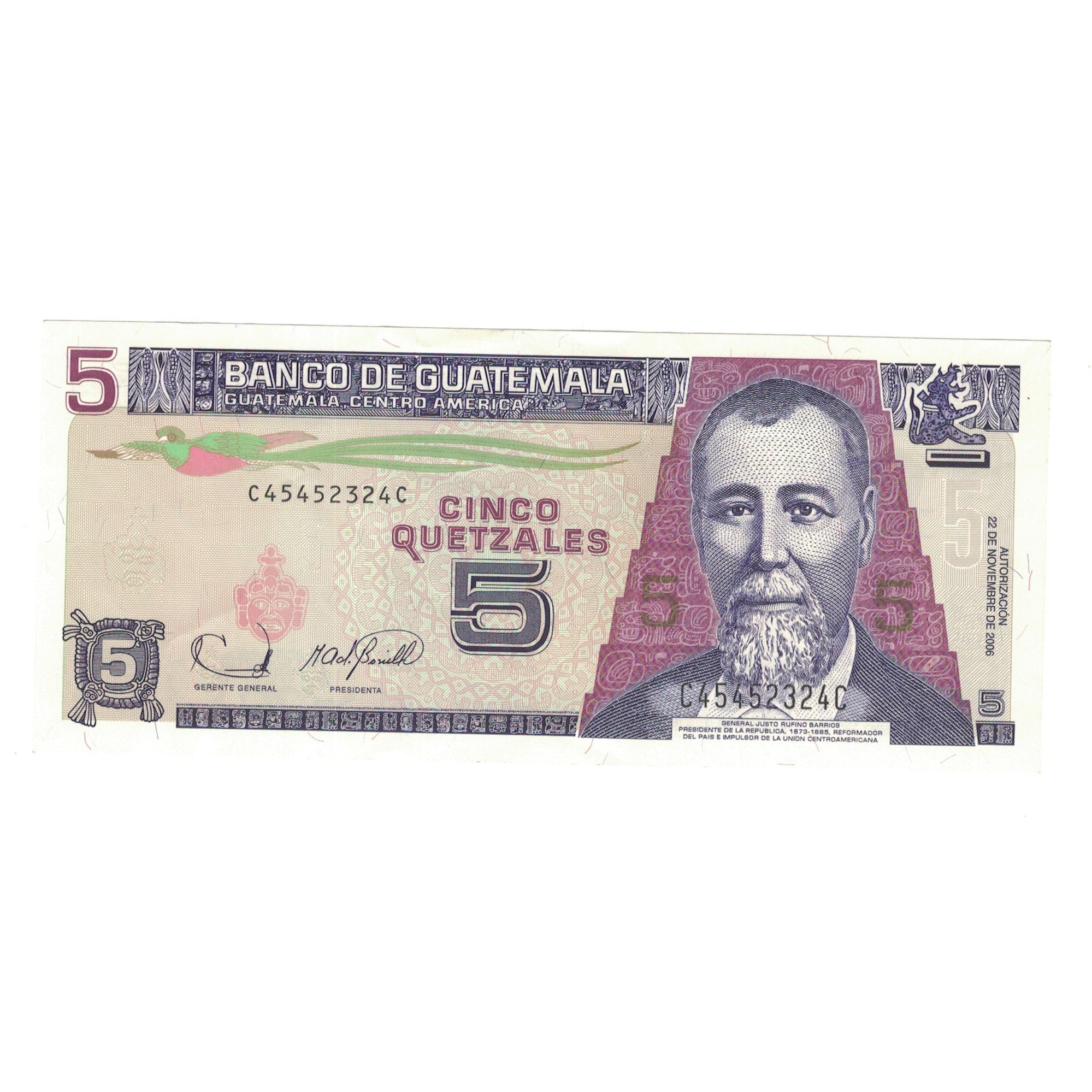 Geldschein, Guatemala, 5 Quetzales, 2006, 2006-11-22, KM:106b, UNZ-